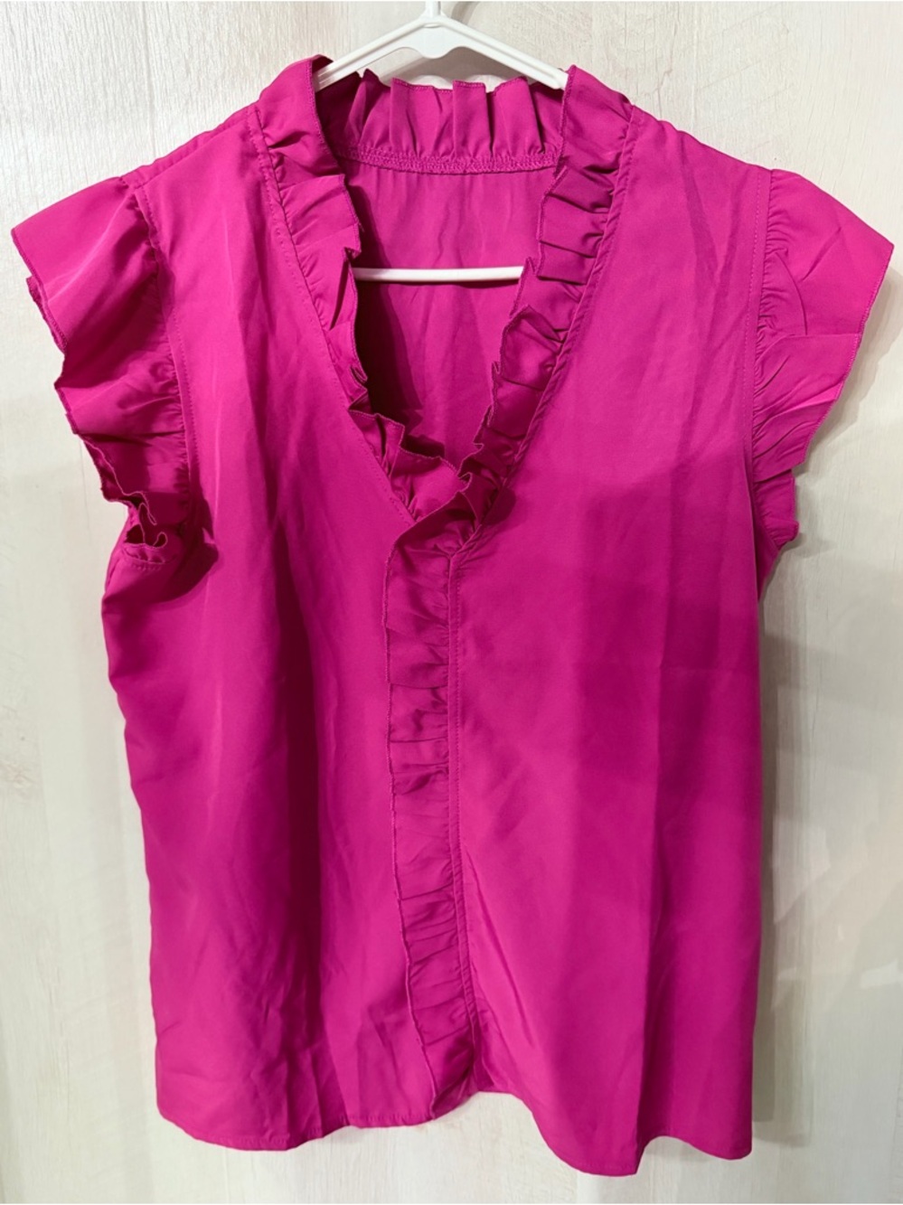 SHEIN Fuchsia Ruffled V-Neck Cap Sleeve Blouse